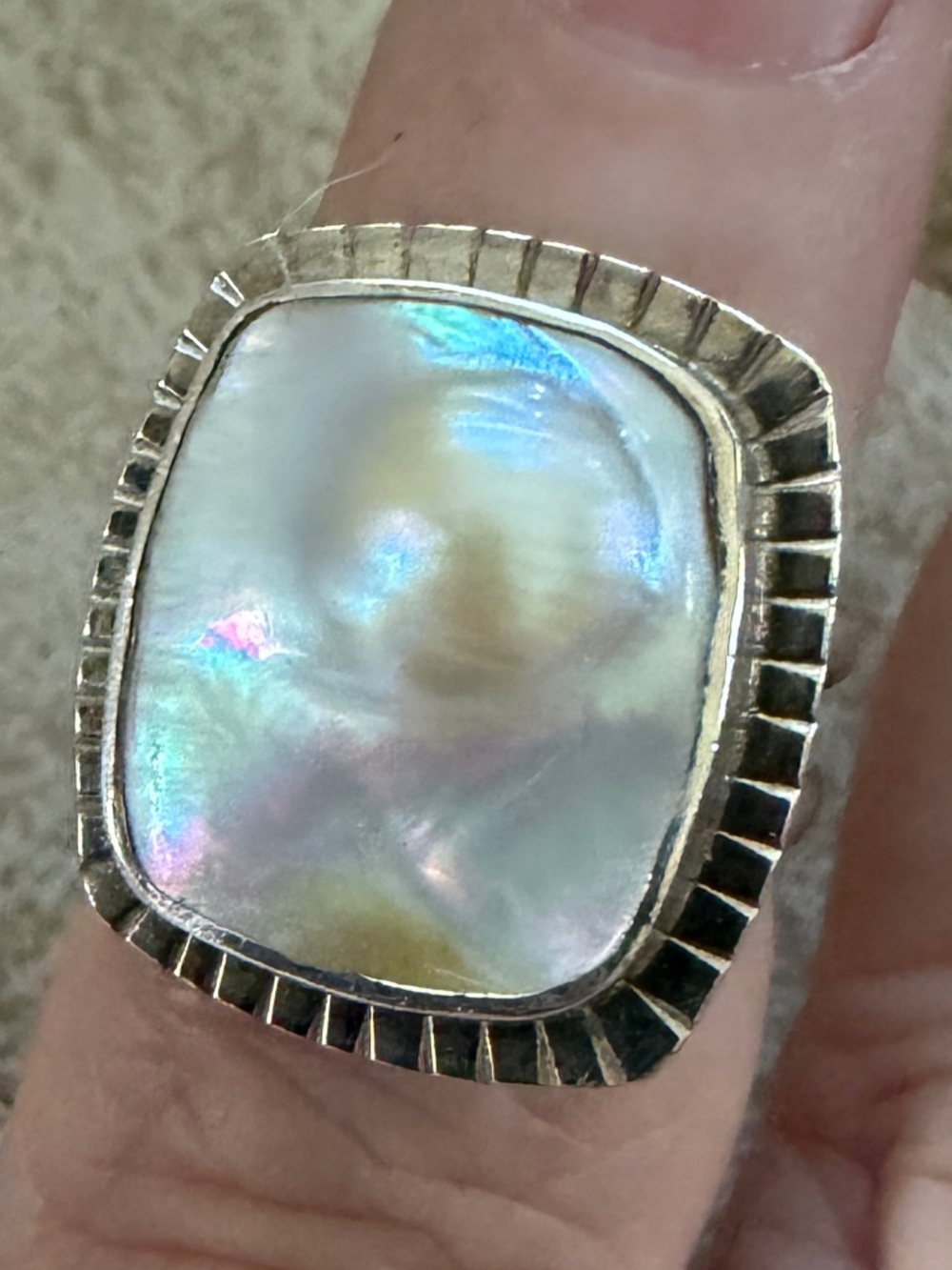 VTG Signed Machieo 955 Silver Mabe Blister Pearl Statement Cocktail Ring
